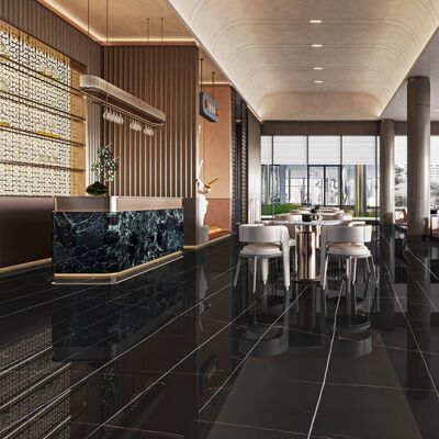 1200x2700mm 대리석 무늬 포세린 타일, 씬셋 모르타르 시공, 폴리쉬드 매트 마감, 상업용 인테리어용